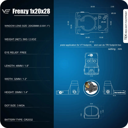 Vector Optics Frenzy-X 1x20x28 Red Dot Scope 3MOA Pistol Sight  For Glock 9mm AR AK 5.56 7.62 .308win