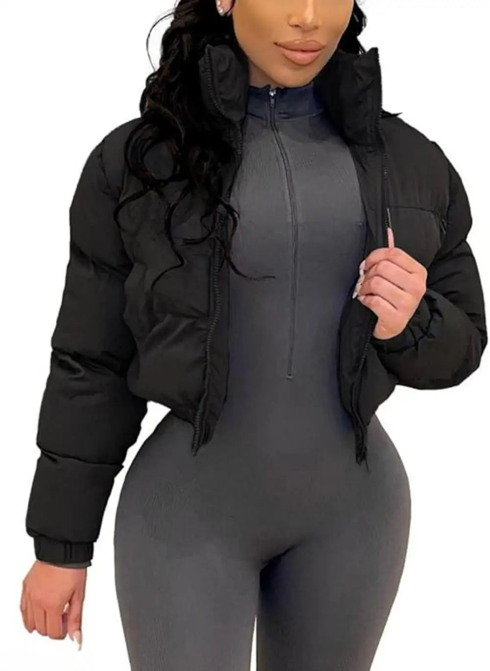 womens Puffer Jacket Cropped Zip Casual Cotton Coat