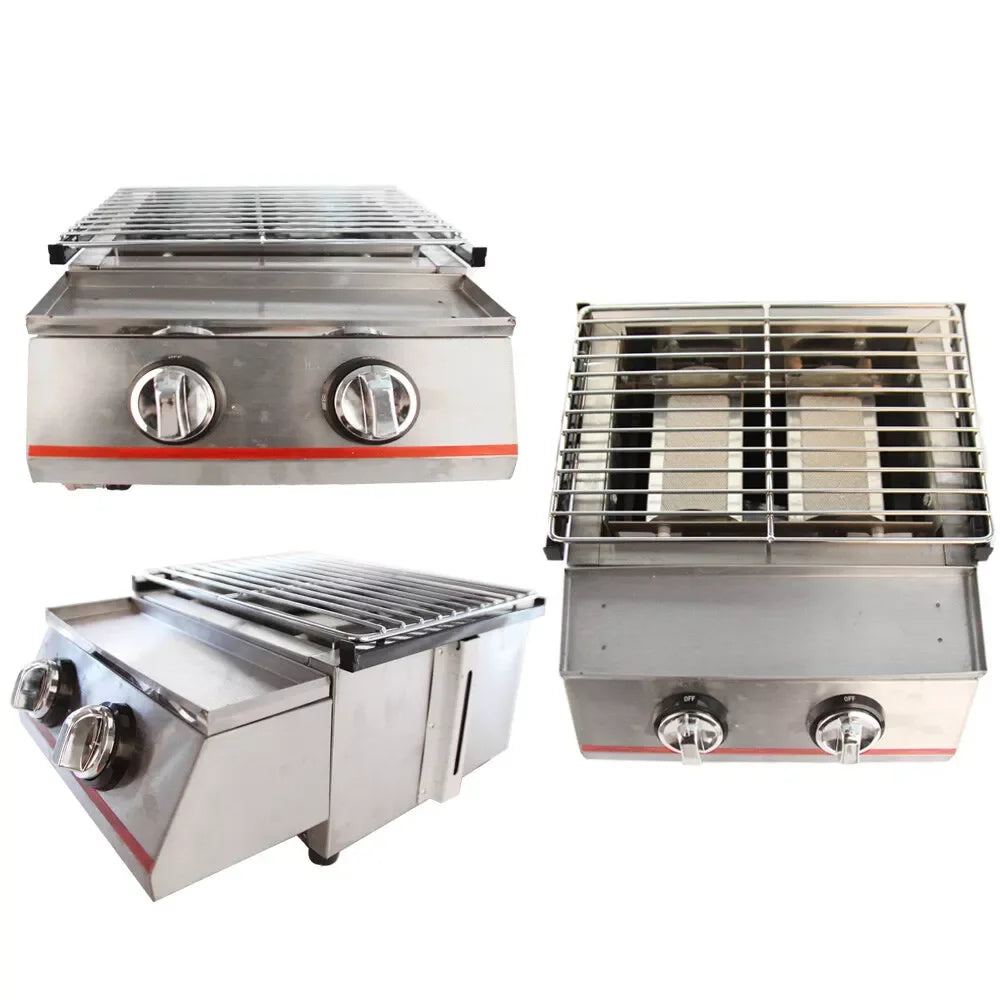 2 Burner Tabletop LPG Grill Stainless Steel Smokeless Portable Gas Barbeque Grill