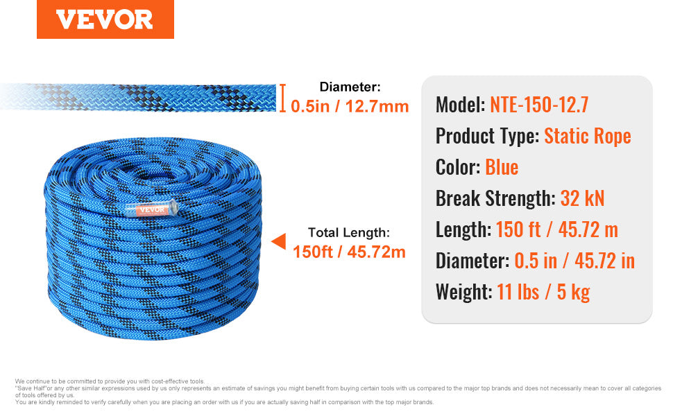 12.7mm (150ft)  blue Rock Climbing Rope